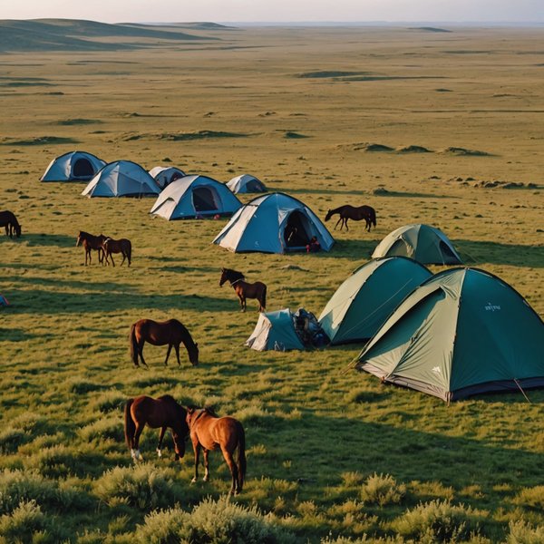 Quels sont les conseils pour un camping en région de steppes en été avec observation des chevaux sauvages?